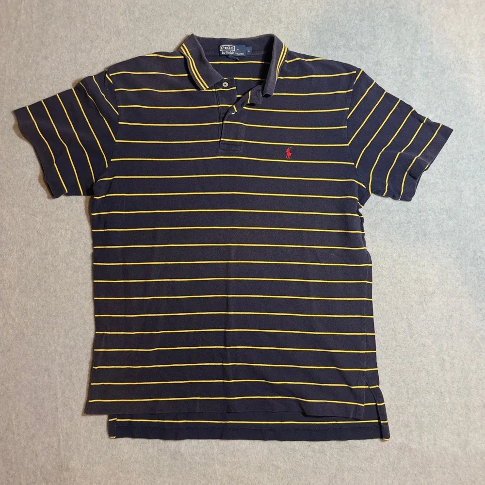 Polo Ralph Lauren Polo Shirt Mens Large Navy Blue Yellow Striped Short Sleeve